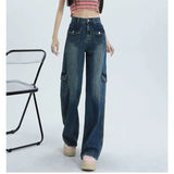 Kukombo Women High Waist Jeans Korean Fashion Designed Pocket Loose Wide Leg Pants Y2K All Match Female Denim Trousers Spring New
