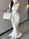 Kukombo Sexy V-Neck Lace Up Bodycon Mermaid Knitted Dress Autumn Women Long Sleeve Solid Spring Casual Wrapped Hip Midi Vestidos Mujer