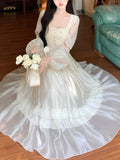 Kukombo French Ruffle Lace Midi Dress Elegant Fairy Square Neck Long Sleeve A-line Vestidos Casual Slim Evening Party Solid Mujers Robe