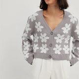 Kukombo Women's Button Down Knit Cardigan Fashion Long Sleeve V Neck Floral Print Sweater Y2K Vintage Outwear for Winter Fall