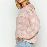 Kukombo Women Oversized Striped Sweater Vintage Loose Drop Shoulder Long Sleeve Crochet Pullover Fall Winter Preppy Knitwear