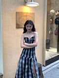 Plaid Dress Vintage Sleeveless Slash Neck A-Line Off Shoulder Fashion Beach Dress Summer Chic Street Pleated Dress