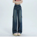 Kukombo Women High Waist Jeans Korean Fashion Designed Pocket Loose Wide Leg Pants Y2K All Match Female Denim Trousers Spring New
