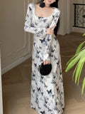 Kukombo Spring Vintage Print Velvet Long Dresses Elegant Square Neck Slim Waist Evening Club Robe Mujer Vestidos Autumn Sexy Vestidos