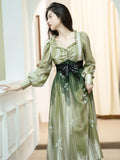 Kukombo High Quality Elegant Dress Woman 2023 New Long Sleeves High Waist Sweet Cute Green Gradient Folded Ruffle Fashion Dress Autumn