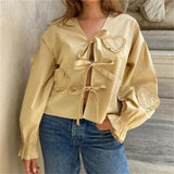 Kukombo Women Loose Long Sleeve Shirt Spring Autumn Clothes y2k Casual Heart Ruffles Tie Front Tops Basic Blouses Streetwear