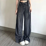 Kukombo Vintage Women High Waist Jeans Korean Casual Streetwear Loose Denim Wide Leg Pants Female All Match Straight Trousers