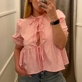 Kukombo Women Y2k Vintage Front Tie Top 3/4 Puff Sleeve Gingham Peplum Blouse Shirts Teen Girl Babydoll Lace Up Shirt