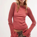 Kukombo Vintage Women Long Sleeve Knit Tops Solid Color Basic Shirt Casual Pullover for Fall Club Streetwear y2k Aesthetic Clothes