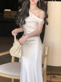 Kukombo Elegant Evening Party Satin Long Dresses for Women Summer Pink Birthday Robe Sexy Slash Sleeveless Slim Female Clothing