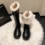 Kukombo Lady Fur Boots Women's Winter Shoes Chelsea Boots Black Leather Boots Plush Warm Platform Chunky Footwear Fashion Designer Botas