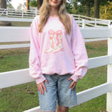 Kukombo Women Y2K Vintage Hoodies Sweatshirt Long Sleeve Crew Neck Bowknot Boots Print Hoodie Pullover Casual Tops Streetwear