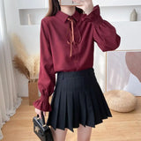 Kukombo Women Korean Corduroy Shirts Elegant Female Bow Lace Up Loose Blouse Spring Fashion Casual Lotus Leaf Sleeve Shirts New