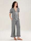 Kukombo Women Plaid 2 Piece Pajama Set Tie Front Puff Sleeve Babydoll Shirt Gingham Pants Pj Lounge Set Sleepwear Y2k Clothes