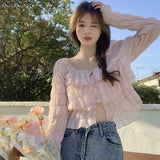 Kukombo Women's Crop Top Blouse round Neck Casual Shirts Summer/Spring Long Sleeve