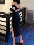 Kukombo Women Sexy Split Off Shoulder Knitted Black Dress Summer New Fashion Female Club Party Y2K Bodycon Harajuku Clothing