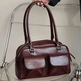 Retro Underarm Bag Double Pocket PU Leather Shopping Bag Fashion Solid Designer Armpit Bag Casual Zipper Portable Ladies Purses