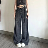 Kukombo Vintage Women High Waist Jeans Korean Casual Streetwear Loose Denim Wide Leg Pants Female All Match Straight Trousers