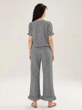 Kukombo Women Plaid 2 Piece Pajama Set Tie Front Puff Sleeve Babydoll Shirt Gingham Pants Pj Lounge Set Sleepwear Y2k Clothes