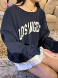 Kukombo New Autumn Winter Edge Curl Los Angeles Print Streetwear Sweatshirt Large Collar Long Sleeve Loose Y2K Pullovers Top Harajuku