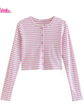Kukombo Women's Brown Striped Cotton T-Shirt V Neck Slim Long Sleeve Tee Tops Female Streetwear Vintage Y2K Spring Autumn Woman Tshirt