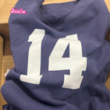 Kukombo Navy Blue 14 Digit Printed Sloping Hoodie For Women Edge Curl O-neck Long Sleeve Sweatshirt Y2K Harajuku Loose Pullover Tops