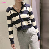 Kukombo Navy Blue Stripe Zipper Knitting Hoodie Slim Sweet Winter Sweater Cotton Blend Pocket Women Jackets Autumn Tops 2025 New
