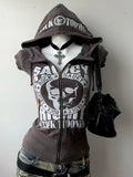 Kukombo valentine's day aesthetic Women's Zip-up Hoodie Retro Hip hop Graffiti Print Hooded 2000s Clothes Sweatshirts Aesthetic Y2k Goth Streetwear Female Grunge