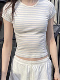Kukombo Sweet Pink Striped Short Sleeve Tees Women New Casual Slim O-neck Tshirts Tops Female Cute Preppy Style Streetwear T-shirts Y2K