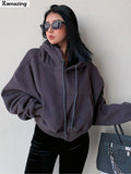 Kukombo Winter Women Solid Fleece Hoodies Clothing Long Sleeve Tops Loose Pocket Sweatshirt Female Casual Pullover ootd