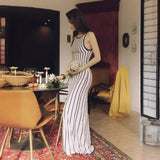 Kukombo Elegant Knitted Contrast Color Long Dress Women's Fashion Striped Patchwork Knitted Dress Slim Fit Sleeveless Long Dress