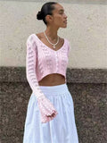 Kukombo Knitwear Hollow Out Sweater Cardigan Women V-Neck Long Sleeve See-Through Cropped Top Summer Knit Patchwork Cardigan Top outfit inspo