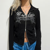 Kukombo Outfit Gothic Hoodie Grunge Coat Women clothing  Zip Up Coats Black Slim Letter Tops Hip Hop Streetwear Harajuku Emo Girl Punk Hoodies