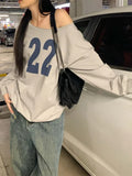 Kukombo 22 Graphic Print Sweatshirt Women 2025 Autumn Raw Hem Long Sleeve Slash Neck Pullover Cotton Vintage Streetwear Loose Hoodie Y2k