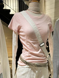 Kukombo Sweet Pink Striped Short Sleeve Tees Women New Casual Slim O-neck Tshirts Tops Female Cute Preppy Style Streetwear T-shirts Y2K