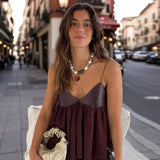 Kukombo Leather Patchwork Halter Top V-Neck Backless Vest Pleated Loose Casual Camisole Beach Bikini Suspender Waistcoat Women's Clothes ootd outfit idea