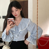 Kukombo Ruffles Blouses Women Lace Slim Bandage Sweet Ladies Temperament Princess Flare Sleeve Fashion Ulzzang Simple All-match Classic outfit inspo