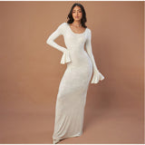 Kukombo Spring Outfits Elegant Floral Jacquard Long Dress Women O-Neck Full Ruffle Sleeve Sheath Bodycon Dresses 2025 New High Street Prom Party Robes