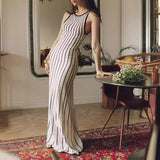 Kukombo Elegant Knitted Contrast Color Long Dress Women's Fashion Striped Patchwork Knitted Dress Slim Fit Sleeveless Long Dress