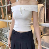 Kukombo Slash Neck Lace-up Chic Women T-shirts For Women 2025 Sweet Sexy Slim Knitted Summer Tshirt Y2K Street Tight Short Sleeve Tees