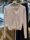 Kukombo Solid Color Pink Twist Knit Women Sweater 2025 New Long Sleeve Slim Sweet Chic Autumn Jakcets Retro Y2k Female Coats Winter Top