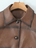 Kukombo Spring Outfits Vintage Leather Women Jackets Casual Brown Lapel Pockets Short Coats Long Sleeve Motorcycle Coat Autumn Female Street Outwear