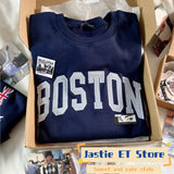 Kukombo BOSTON Letter Patch Embroidery Winter Sweatshirt Round Neck Retro Y2K Autumn Pullovers Top Harajuku Streetwear Navy Blue Hoodie