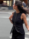 Kukombo Single Breasted Metal Button Waistcoat Trouser Suits High Neck Suit Fabric Sleeveless Vest Top With Slight Flared Hem Pant Set ootd outfit idea