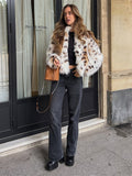 Kukombo Spring Outfits Women's Dot Leopard Faux Fur Coat Fashion Stand Collar Long Sleeve Open Stitch Plush Jacket New Lady Warm Office Outerwears
