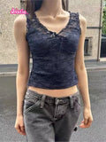 Kukombo Light Blue Lace Hollow Out Female Tank Transparent Sexy Mesh Summer Vest 2025 Solid Perpetive Y2K Tight Sleeveless Tops Women