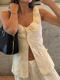 Kukombo Stereo Flower Sleeveless Vest Women Summer Fashion Single Breasted Floral Waistcoat French Slim Fit Sleeveless Top Evening Robe ootd outfit idea