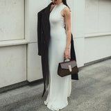 Kukombo Half Turtle Neck Knitted Dress Women's Sexy Sleeveless Solid Long Dress Tight Pleated High Waist Office Lady Long Dress