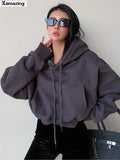 Kukombo Winter Women Solid Fleece Hoodies Clothing Long Sleeve Tops Loose Pocket Sweatshirt Female Casual Pullover ootd