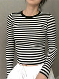 Kukombo Women's Brown Striped Cotton T-Shirt V Neck Slim Long Sleeve Tee Tops Female Streetwear Vintage Y2K Spring Autumn Woman Tshirt